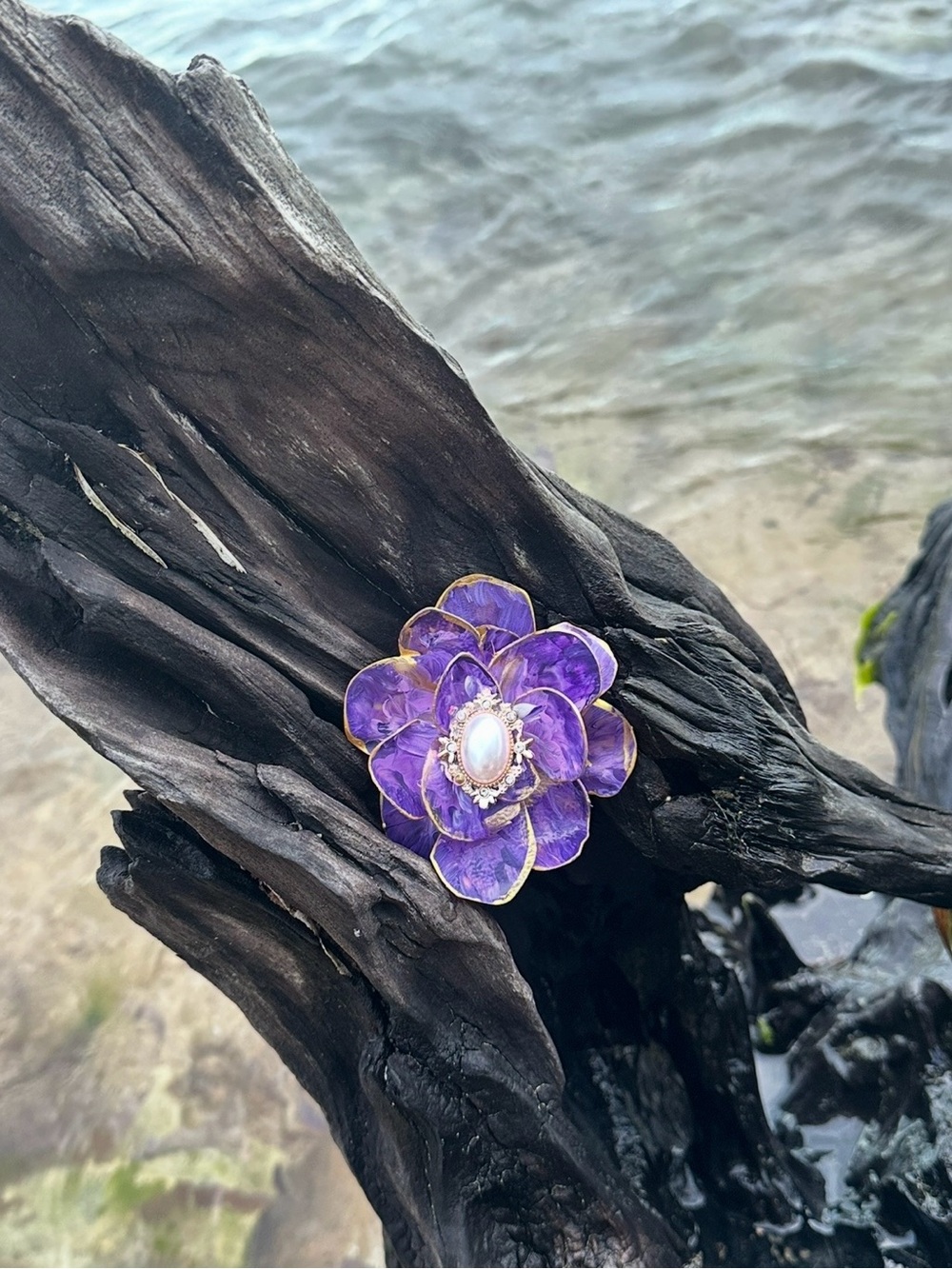 Purple Flower Brooch with Pearl Center - Women Jewelry handcrafted